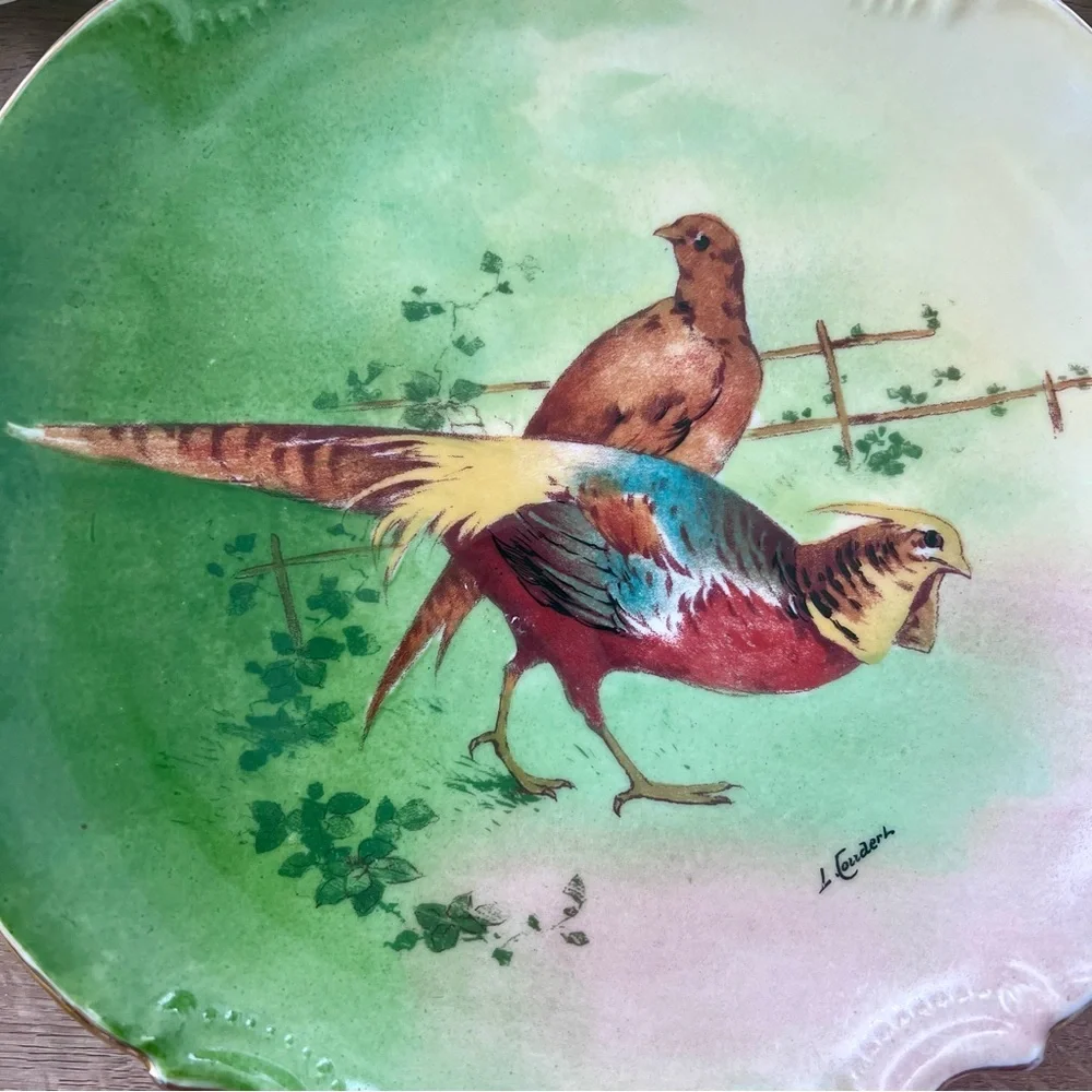 3 PCs Antique Coronet Limoges Porcelain Pheasants 10” Plates - Signed L Coudent‎